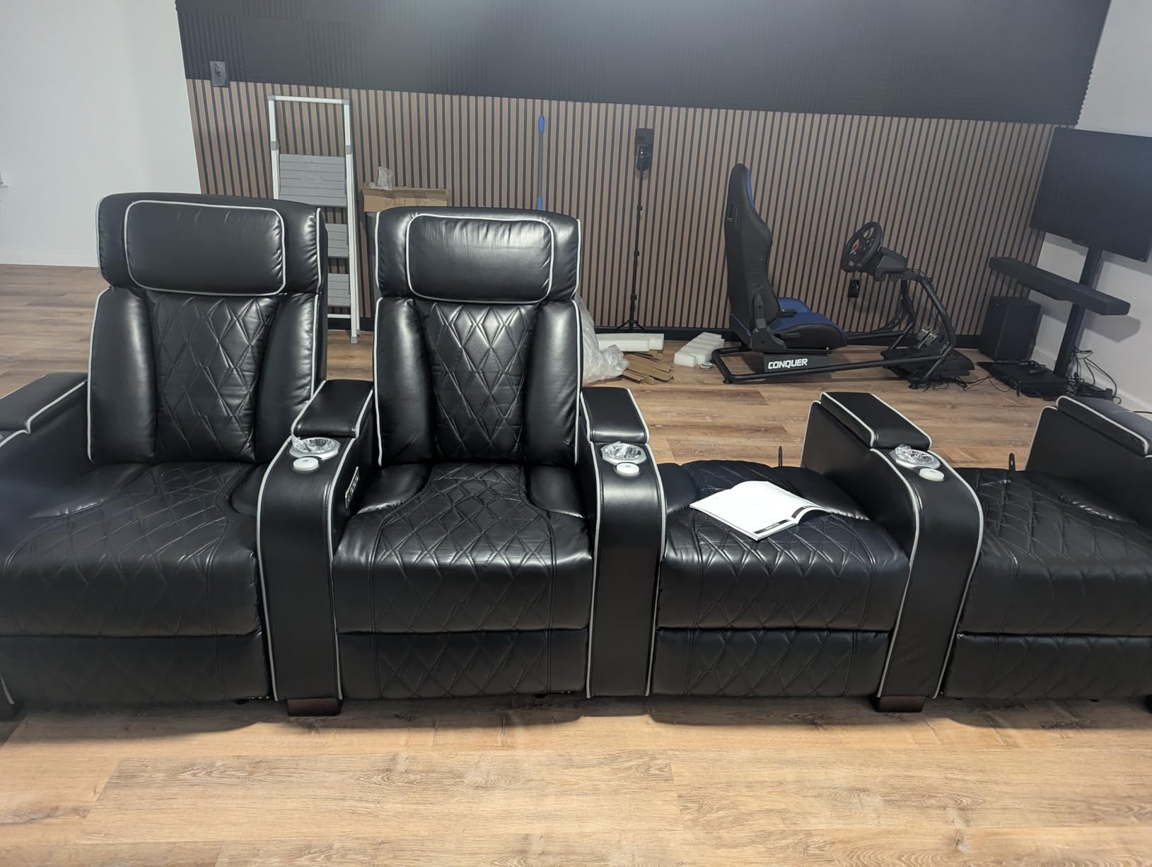 Luxury Home Theater Seating with Electric Headrest (Grey, 3 Seat) | Blue LED Ambient Lighting, Armrest Storage, Extended Footrest, Tray Table, USB & Type-C Charging, Cinema-Style Comfort customer photo 2