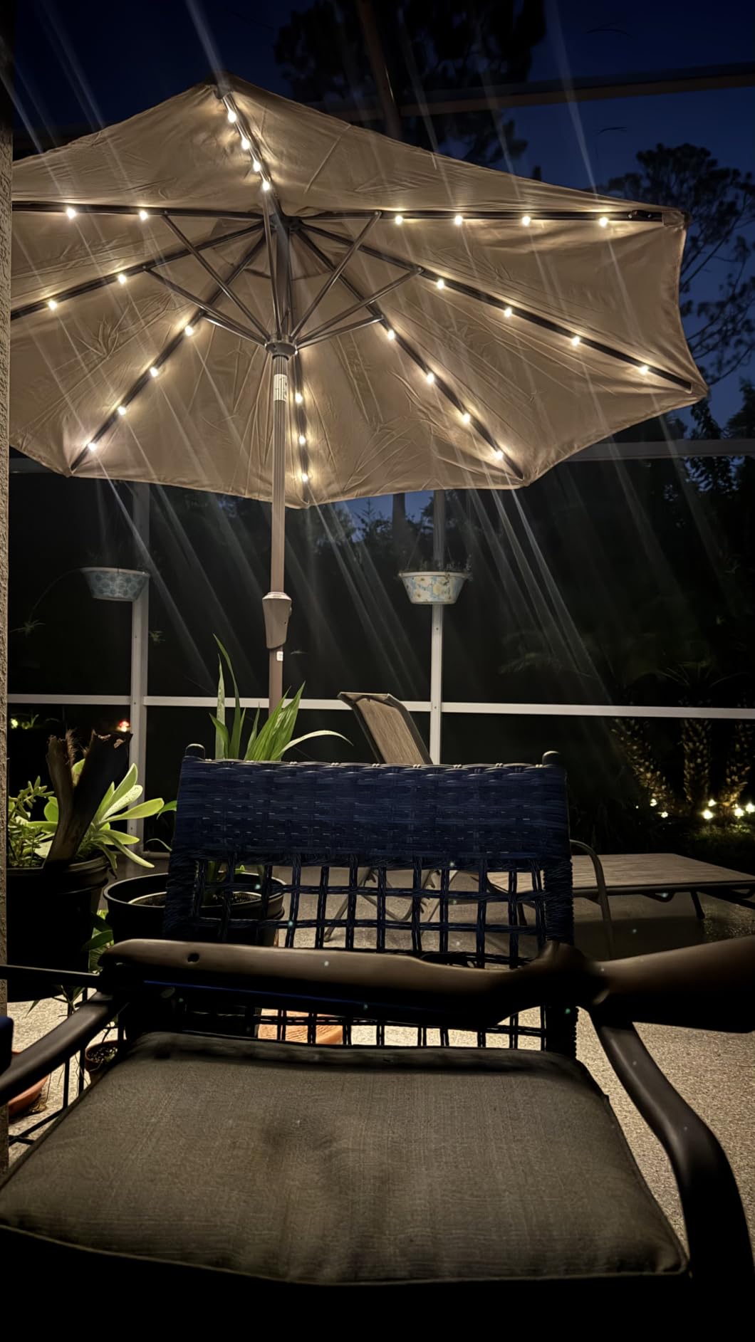 9FT Patio Umbrella with Solar Lights, 32 Lighted Pool Umbrella w/Tilt and Crank, Outdoor Market Solar Umbrellas for Garden, Deck, Backyard, Pool and Beach, Beige customer photo 1