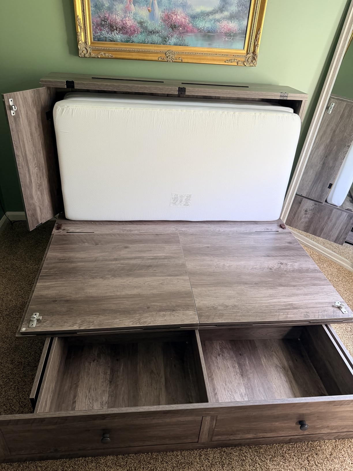 Queen Murphy Bed, Hidden Cube Cabinet Bed with Tri-Fold Mattress, Built-in USB Charging Station & 2 Storage Drawers, Wall Cabinet Chest Beds for Living Room Guest Room, White customer photo 2