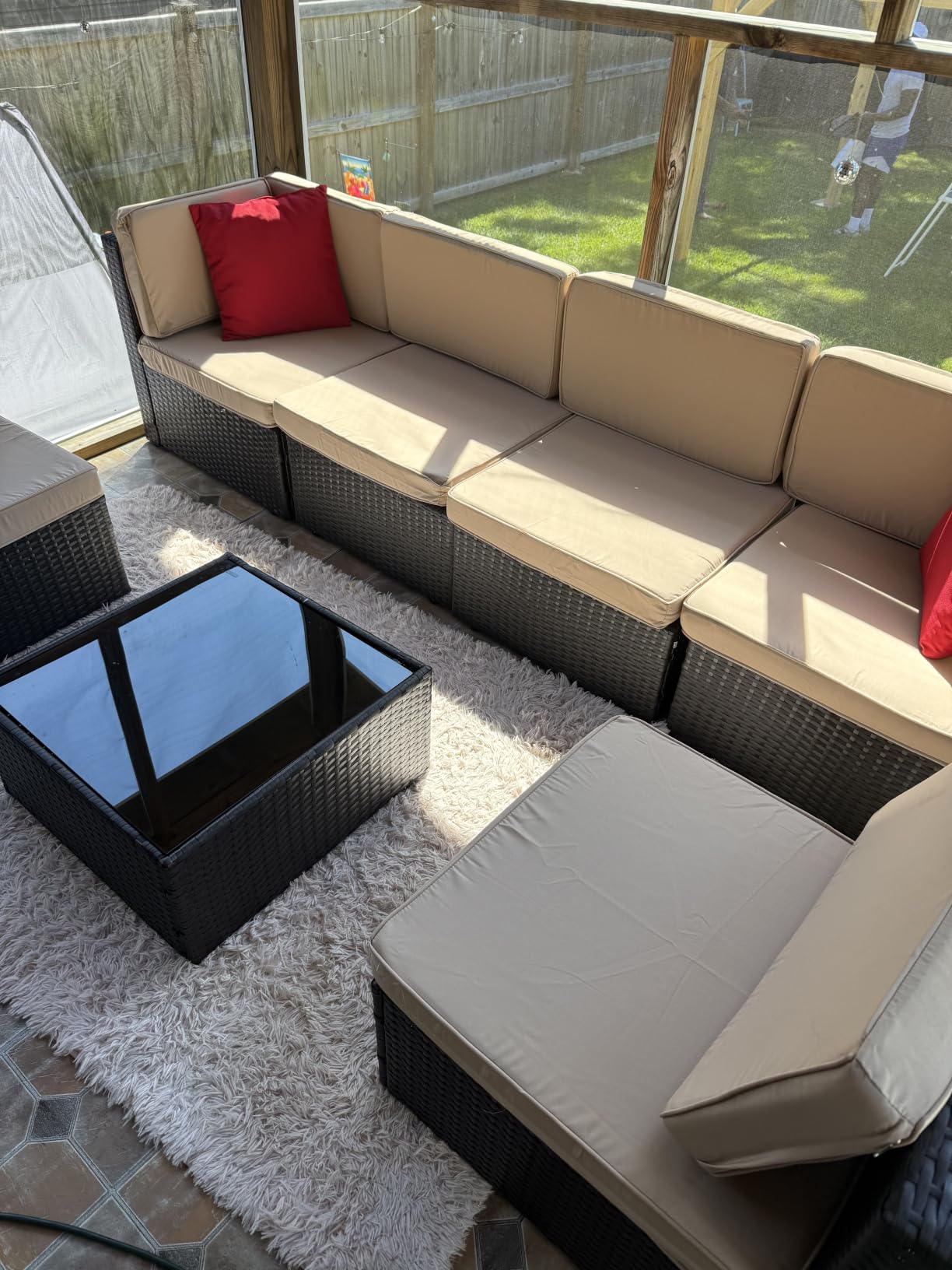 Shintenchi 7 Pieces Patio Furniture Sets Outdoor All-Weather Sectional Patio Sofa Set PE Rattan Manual Weaving Wicker Patio Conversation Set with Glass Table&Ottoman Cushion, Beige customer photo 1