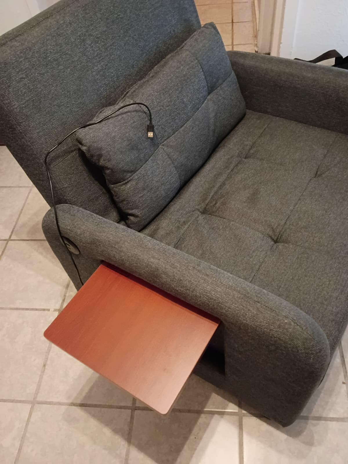 Convertible Sleeper Chair-Fabric Futon Sofa Bed, Single Sleeper Sofa, Small Couch Bed with USB Port, Foldable Table, Pillow, Adjustable Backrest for Dorm/Bedroom/College Darkgrey customer photo 2