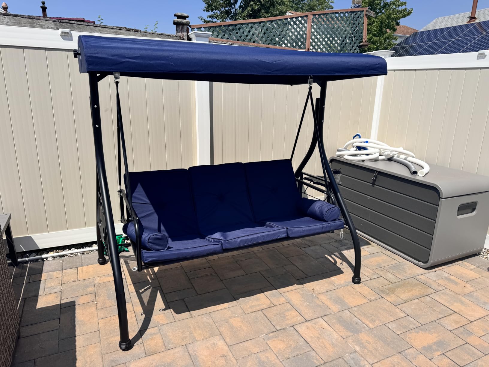 Aoxun Outdoor Porch Swing with Stand and Canopy, 3 Seats Outdoor Swings for Adults, Convertible 2 in 1 Swing Bed with Cup Holder, Patio Swings with Thicken Cushions for Garden, Yard & Balcony, Blue customer photo 2