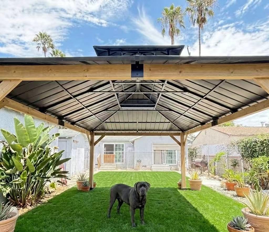 Aoxun 12' x 16' Outdoor Cedar Wood Hardtop Carport, Heavy Duty Gazebo with Double Galvanized Steel Roof, All-Weather Wind & Snow Resistant Permanent Pavilion for 2 Cars, Boat, Patio, Backyard customer photo 1