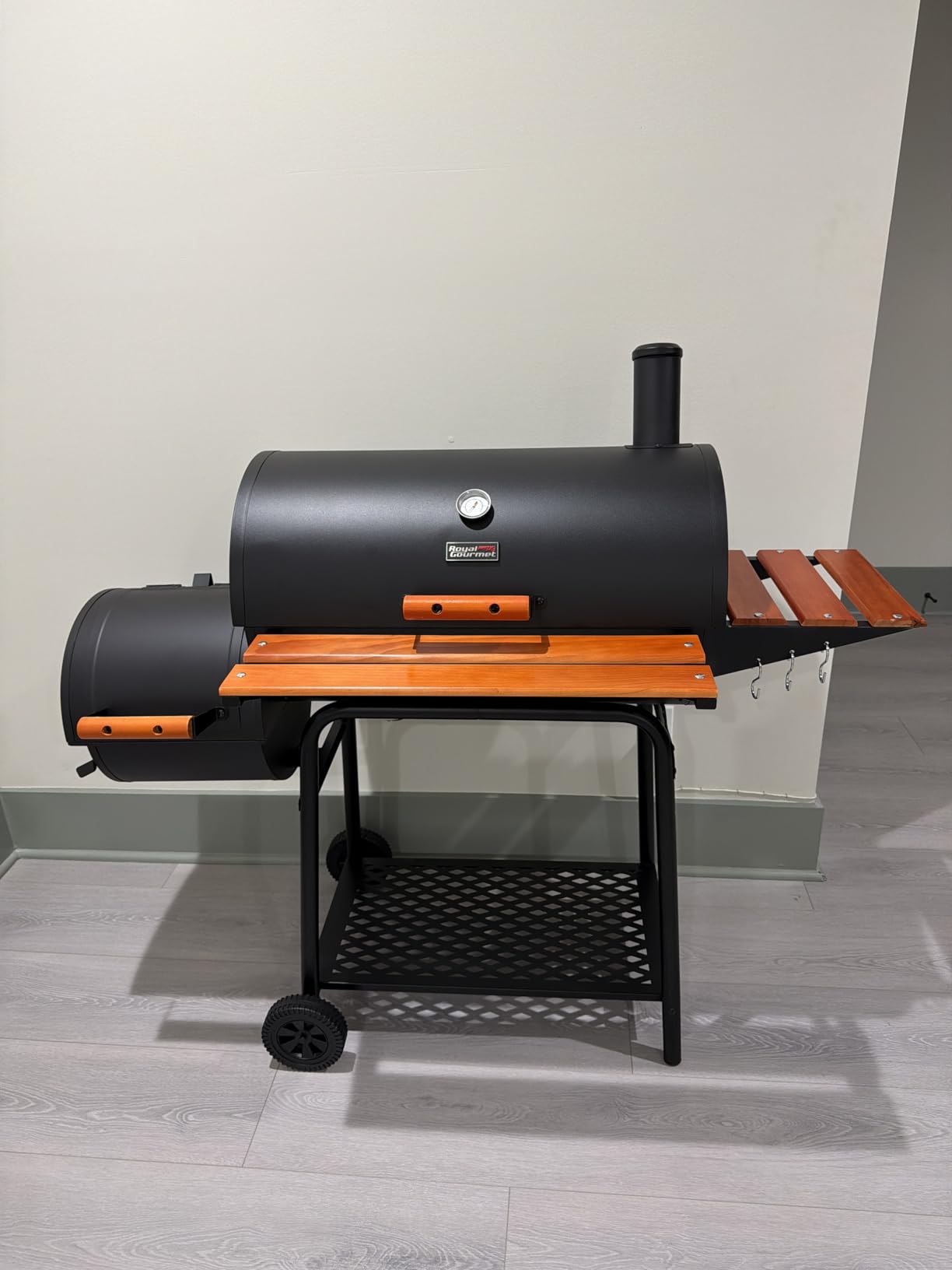 Royal Gourmet 30-Inch Charcoal Grill with Offset Smoker, Wood-Painted Table | CC1830W Outdoor Smoker Grill, 811 Sq. In., Front Table, Adjustable Fire Grates, for Outdoor Barbecue Event, Black customer photo 1
