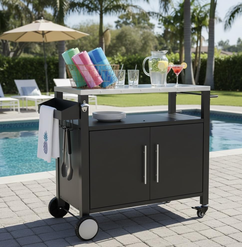 Outdoor Grill Table with Sink, Metal Grill Cart with Storage Cabinet | Grill Cart with 304 Stainless Steel Sink, Movable Kitchen Island, Outdoor Cart Sink Station with Wheels customer photo 2
