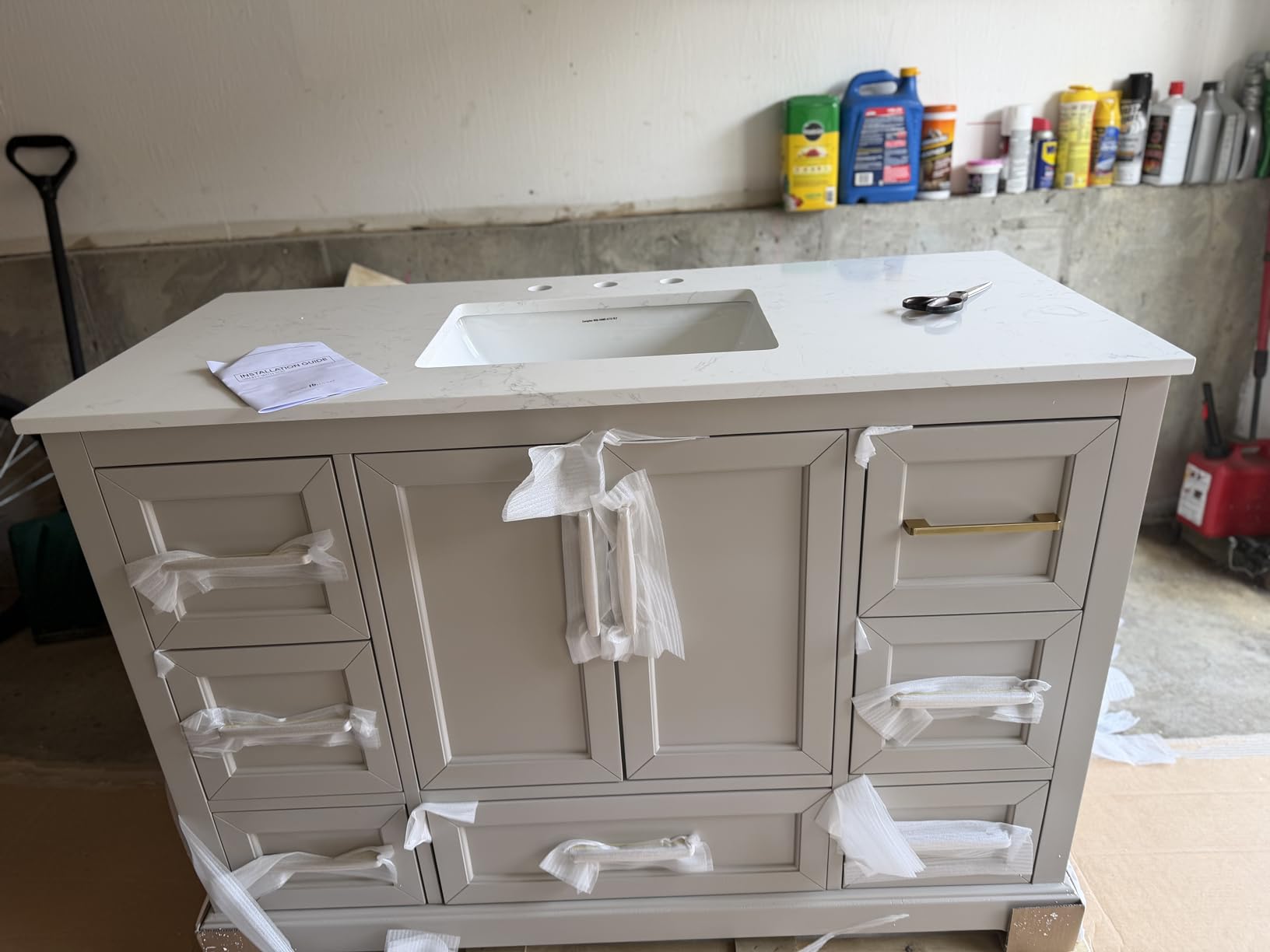 60 Inch Bathroom Vanity with Double Sink Combo, Greige | Solid Wood Frame with Marble Top & Backsplash, Fully-Assembled with 4 Soft-Closing Doors & 5 Dovetail Drawers customer photo 1