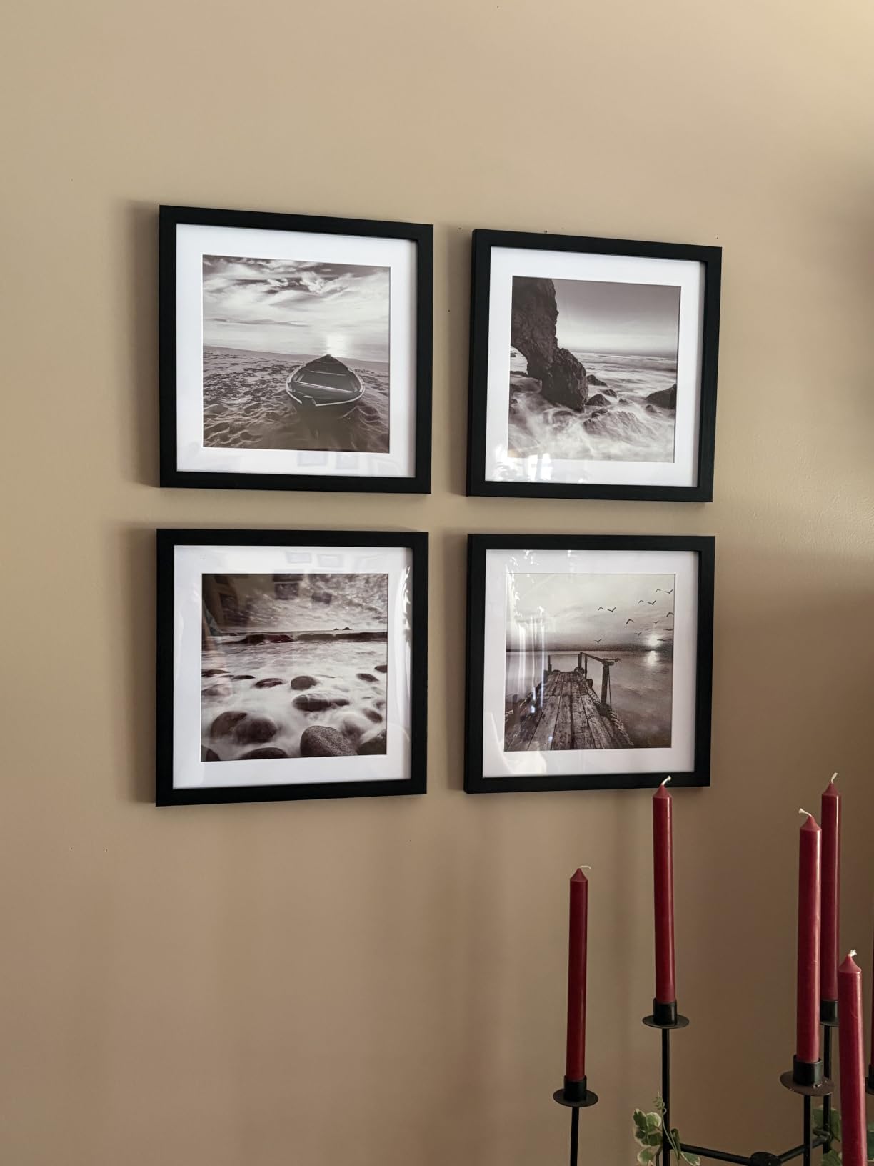 ENGLANT-4 Panels Set Framed Canvas Print for Seascape Beach and Boat Sunrise Scenery Black and White Giclee Canvas Print Wall Art Ready to Hang customer photo 2