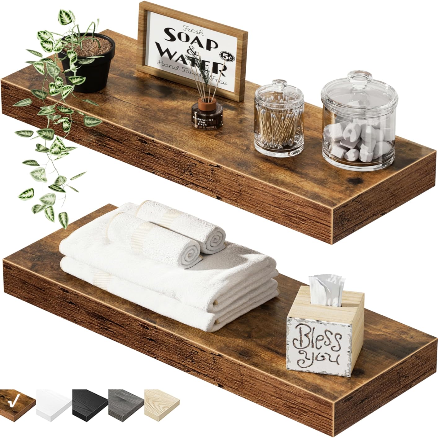 QEEIG Long Floating Shelves for Wall (Brown, Set of 2, 35.4