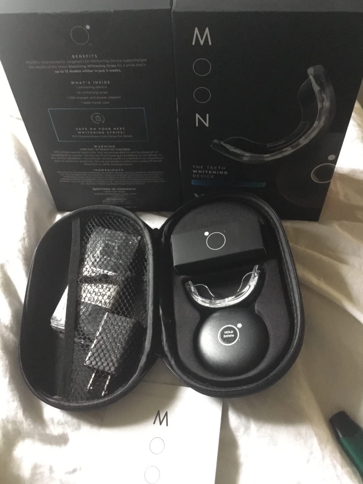 MOON Teeth Whitening Kit, LED Light Teeth Whitener Device, 56 White Strips, USB Charger & Travel Case, Blue Light Whitening Tray Removes Stains & Whitens Up to 12 Shades in 2 Weeks (4 Piece Kit) customer photo 1