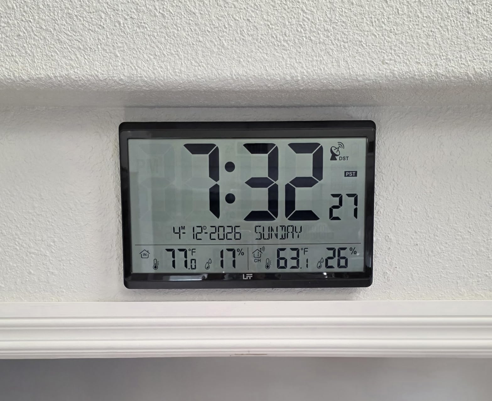 LFF Atomic Clock/Never Needs Setting, Battery Operated, Atomic Wall Clock with Indoor/Outdoor Temperature & Humidity, Wireless Outdoor Sensor, 15