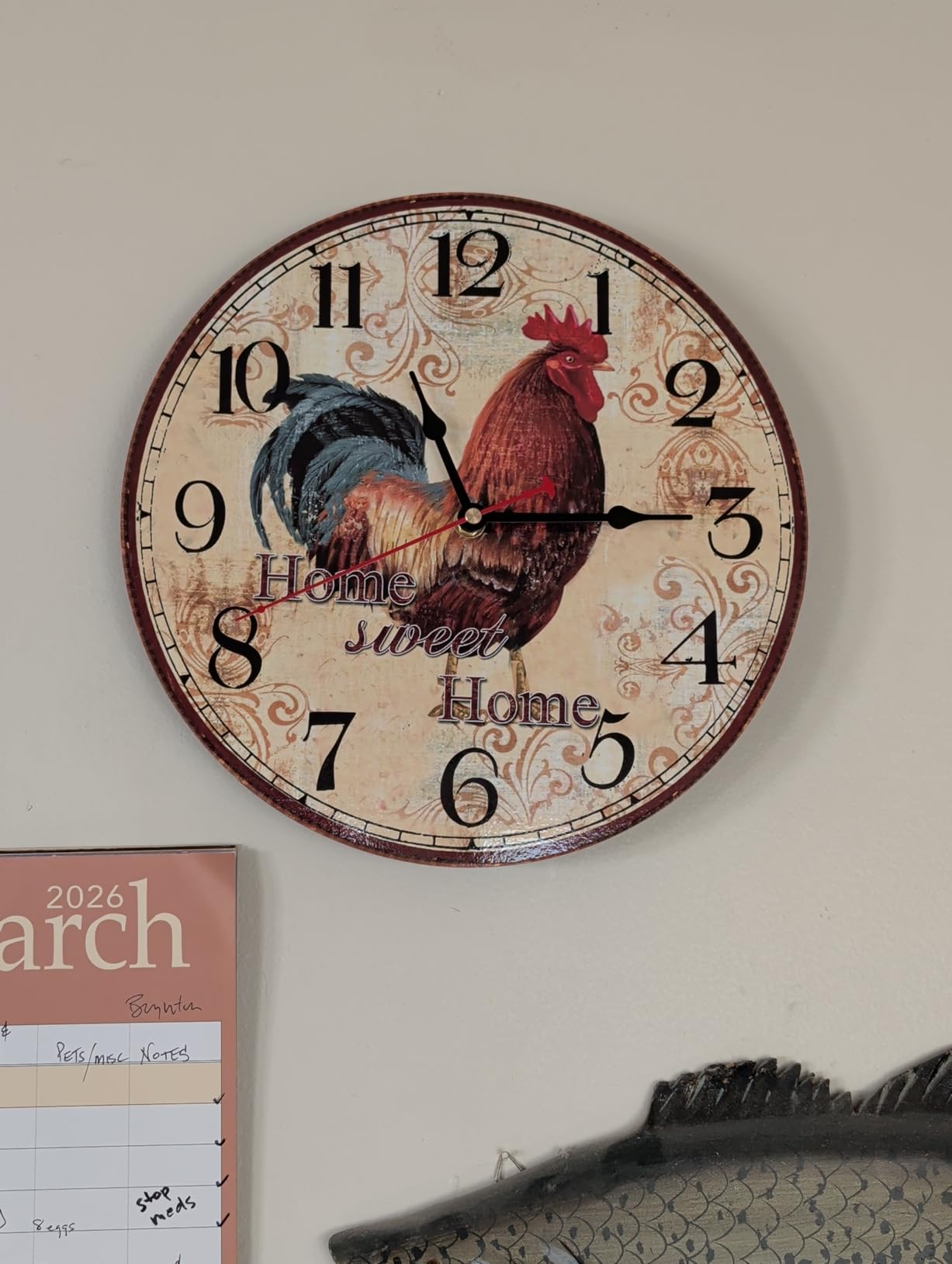 TAHEAT 12 Inch Rooster Wall Clock, Home Sweet Home Farmhouse Decor, Red Vintage Chicken Battery Operated Wall Clocks for Kitchen/Bedroom/Dining Room/Office customer photo 2