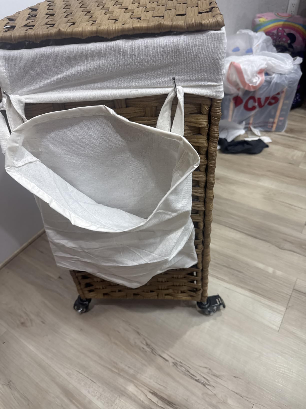 SONGMICS Rolling Laundry Hamper with Lid, 160 L 3-Section Synthetic Rattan | Laundry Basket with Wheels, Removable Liner, 29.9 x 13 x 26 Inches,Natural, ELIOTT Collection ULCB365N01 customer photo 1