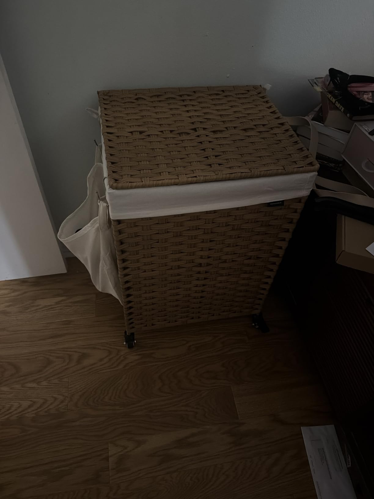 SONGMICS Rolling Laundry Hamper with Lid, 160 L 3-Section Synthetic Rattan | Laundry Basket with Wheels, Removable Liner, 29.9 x 13 x 26 Inches,Natural, ELIOTT Collection ULCB365N01 customer photo 2