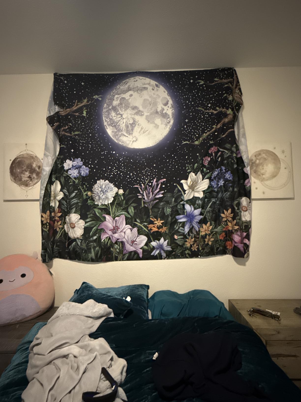 Neasow Aesthetic Moon Garden Tapestry Wall Hanging, Night Landscape with Colorful Plants Floral Tapestries for Bedroom Home Decor Multi Color 36×48 inch (90cm×120cm) customer photo 1