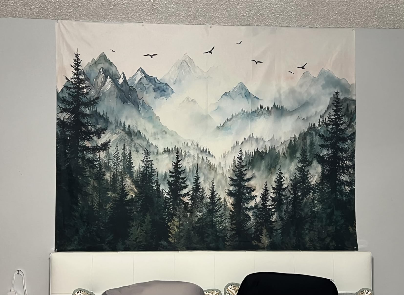 Zussun Misty Forest Mountain Tapestry Sage Green Nature Pine Tree Tapestry for Bedroom Aesthetic Watercolor Foggy Woodlands Birds Landscape Tapestries Wall Hanging for Living Room Dorm 48 x 36 Inch customer photo 2