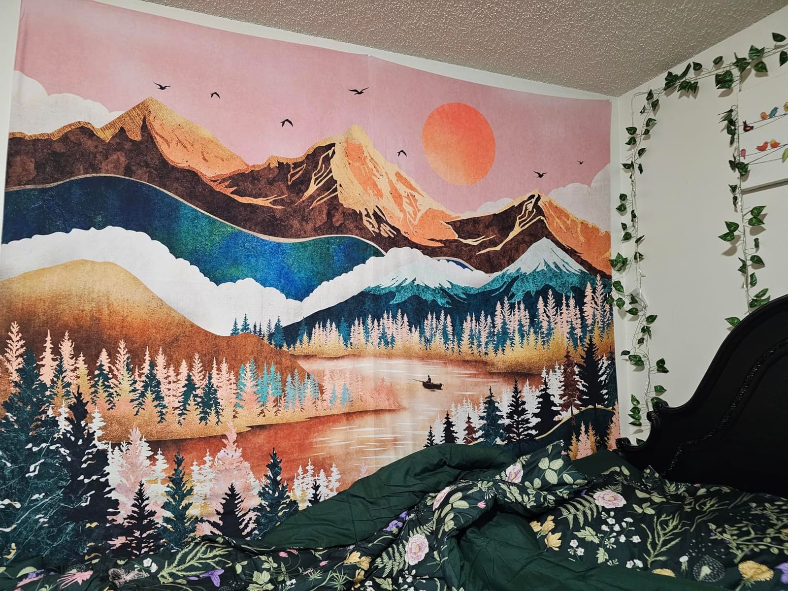 Zussun Misty Forest Mountain Tapestry Sage Green Nature Pine Tree Tapestry for Bedroom Aesthetic Watercolor Foggy Woodlands Birds Landscape Tapestries Wall Hanging for Living Room Dorm 90 x 68 Inch customer photo 2