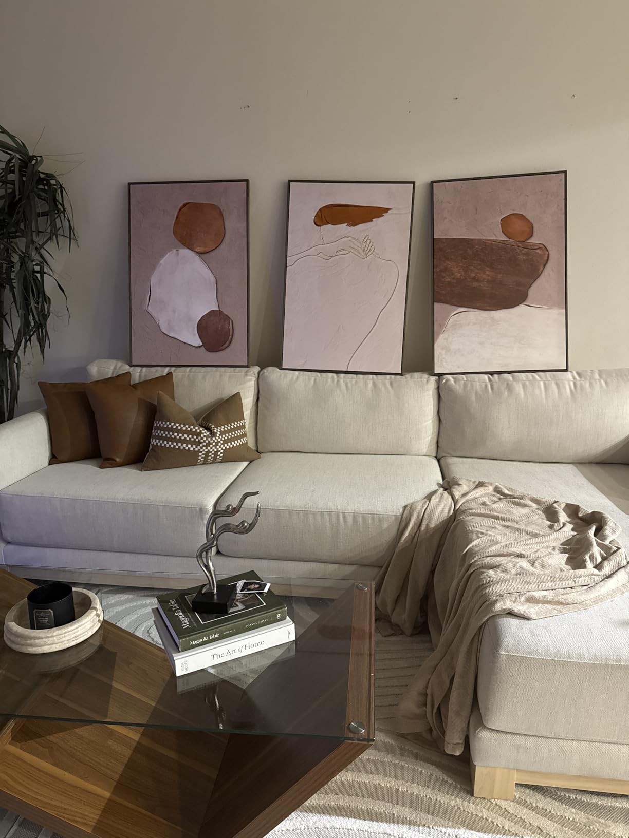 Large Framed Modern Neutral Abstract Wall Art, Set of 3, Total 60x30 In customer photo 2