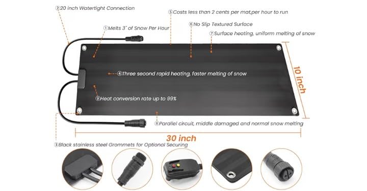 Graphene Snow Melting Mats for Stairs,Non-Slip Rubber Heated Walkway Mat,Fast Ice Melt 3 in/h,Safe & Energy Saving with Extended 50cm Cord,20