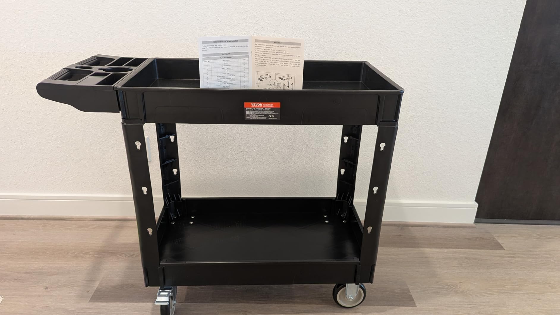 VEVOR Utility Cart, 550 lbs Capacity, 2 Tier Service Cart with 360° Swivel & Fixed Wheels (2 with Brakes), Heavy Duty Plastic Rolling with Storage Tray, Tool Storage for Garage Warehouse Workshop customer photo 1